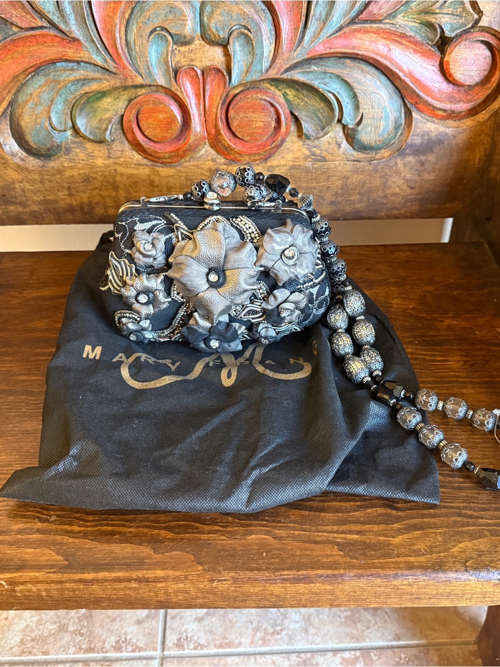 Mary Frances Black Floral Beaded Crossbody Bag